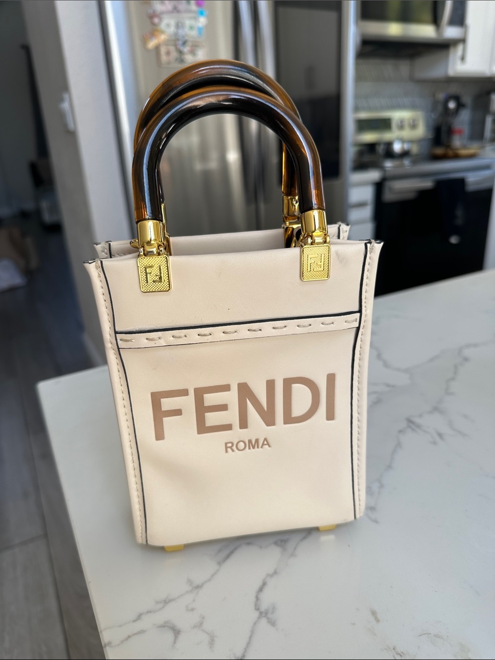 Fendi Mini Cream Logo Tote with Tortoiseshell Handles